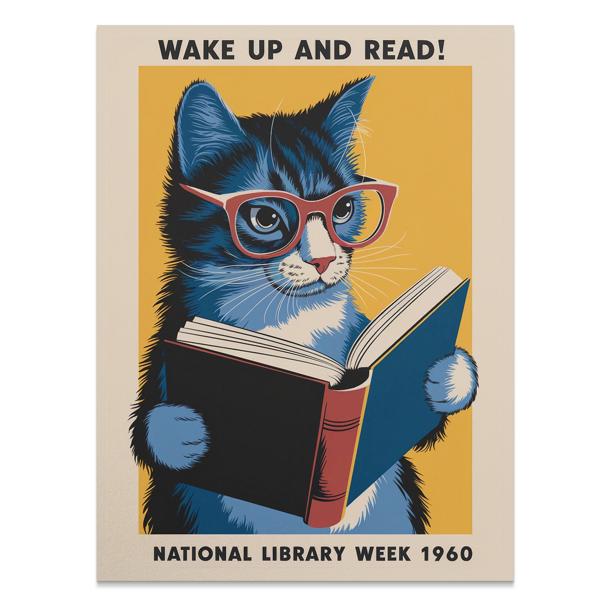 Retro-style poster featuring a blue cat with red glasses reading a book, titled 'Wake Up and Read!' for National Library Week 1960.