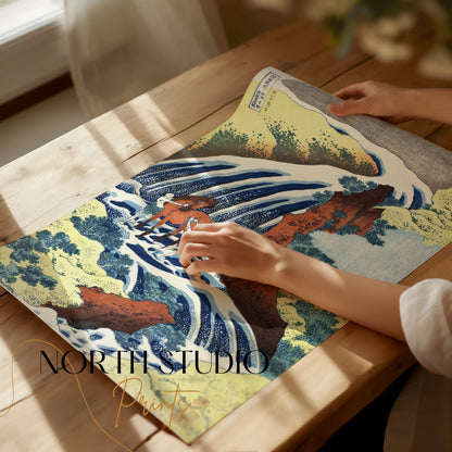 Premium Poster of Waterfall Scenery with Horses Traditional Japanese Posters