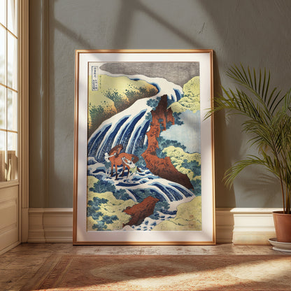 Premium Poster of Waterfall Scenery with Horses Traditional Japanese Posters