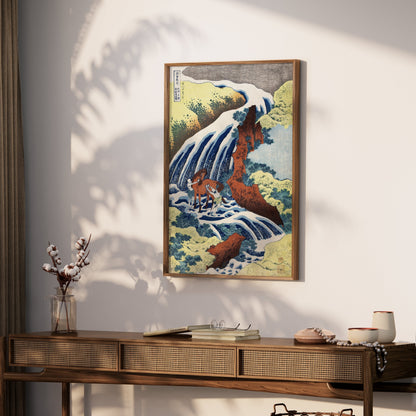 Premium Poster of Waterfall Scenery with Horses Traditional Japanese Posters