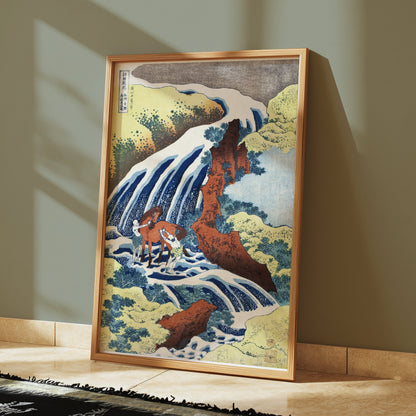 Premium Poster of Waterfall Scenery with Horses Traditional Japanese Posters