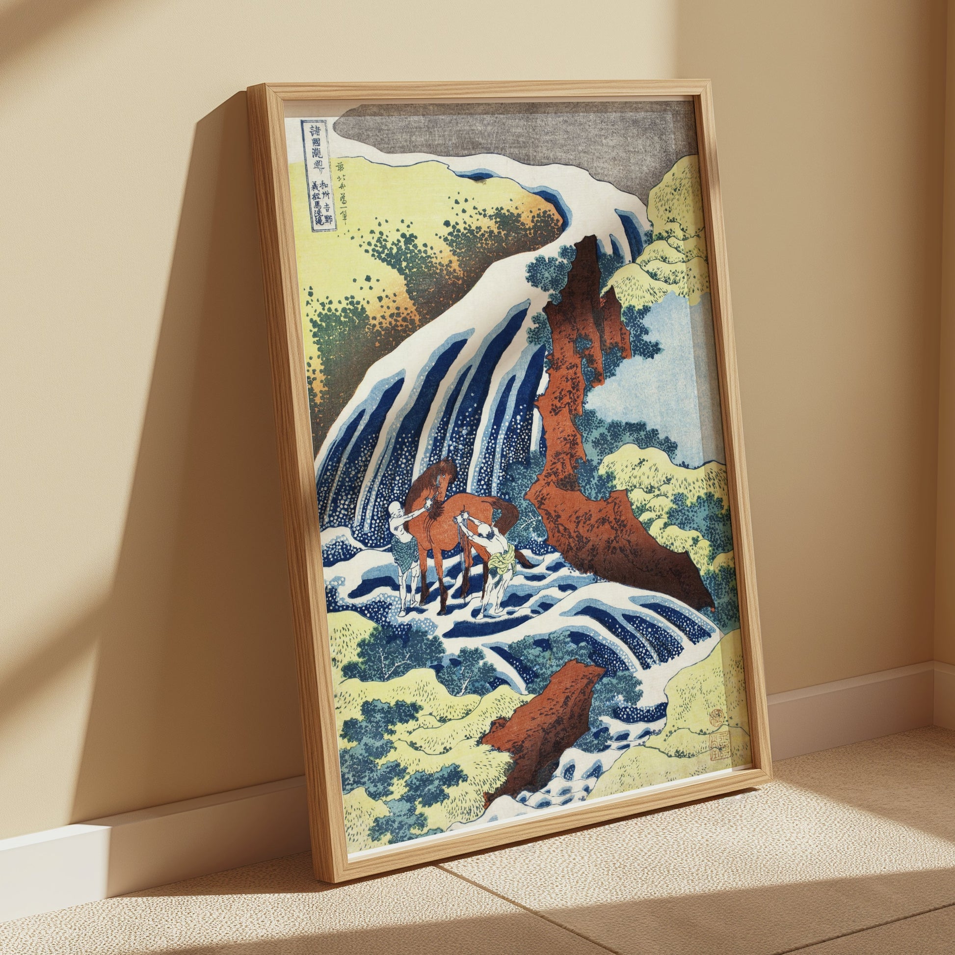 Premium Poster of Waterfall Scenery with Horses Traditional Japanese Posters