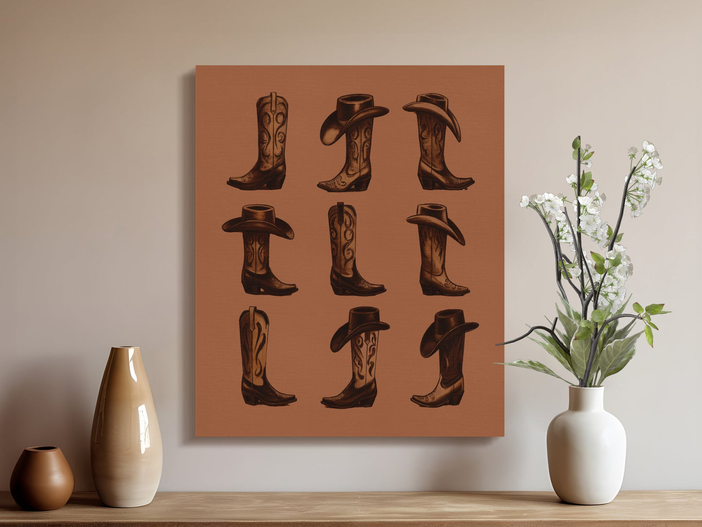 Premium Poster of Western Cowboy Boots and Hats Canvas Wraps