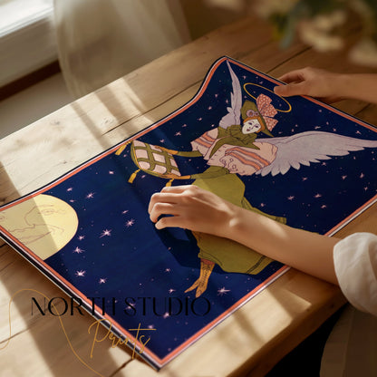 Premium Poster of Whimsical Angel with Pillow Flying Under Night Sky Posters