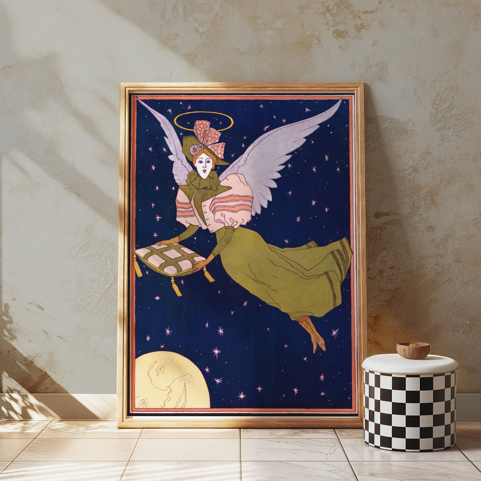 Premium Poster of Whimsical Angel with Pillow Flying Under Night Sky Posters