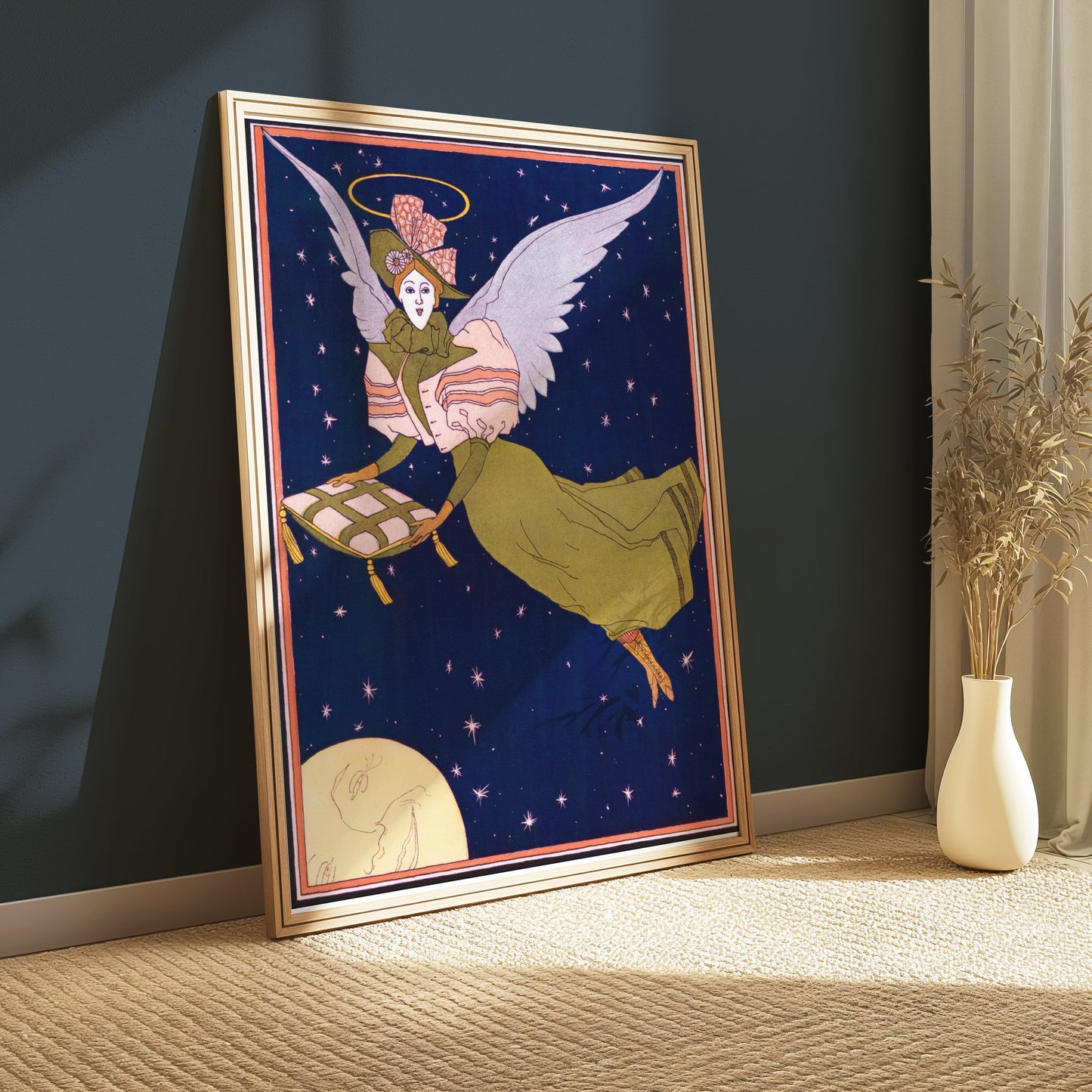 Premium Poster of Whimsical Angel with Pillow Flying Under Night Sky Posters