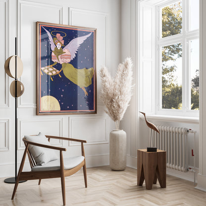 Premium Poster of Whimsical Angel with Pillow Flying Under Night Sky Posters