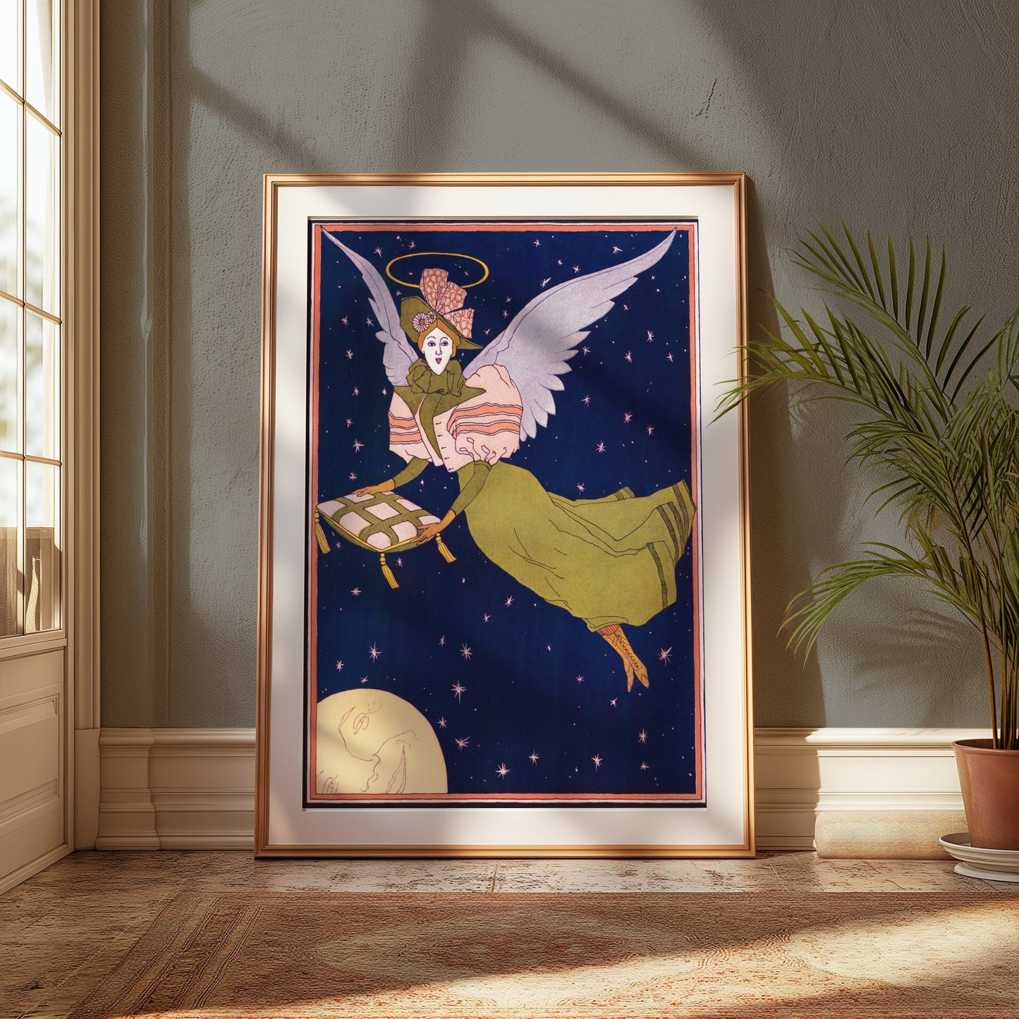 Premium Poster of Whimsical Angel with Pillow Flying Under Night Sky Posters
