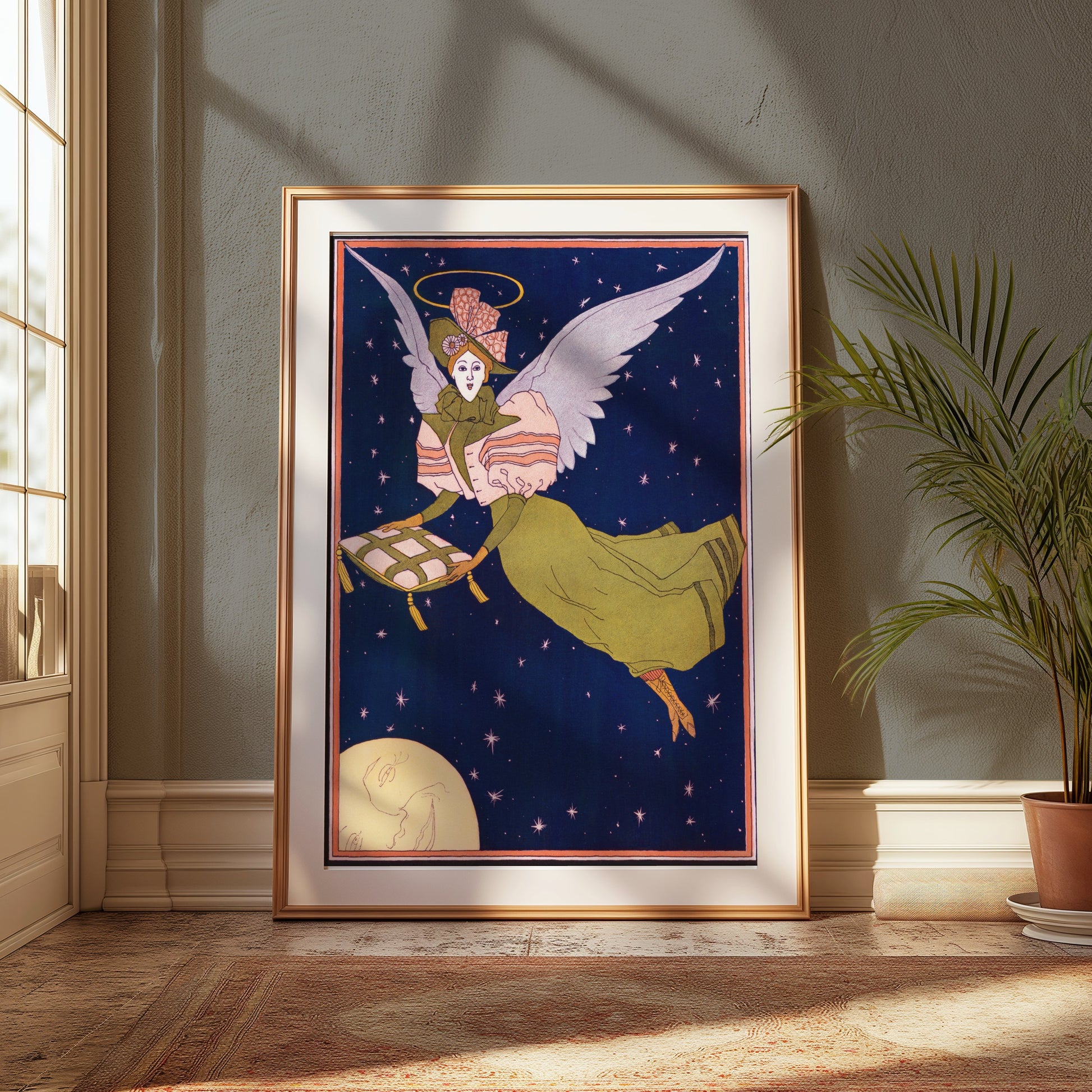 Premium Poster of Whimsical Angel with Pillow Flying Under Night Sky Posters