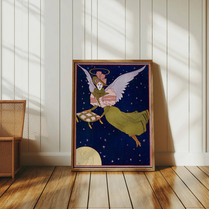 Premium Poster of Whimsical Angel with Pillow Flying Under Night Sky Posters