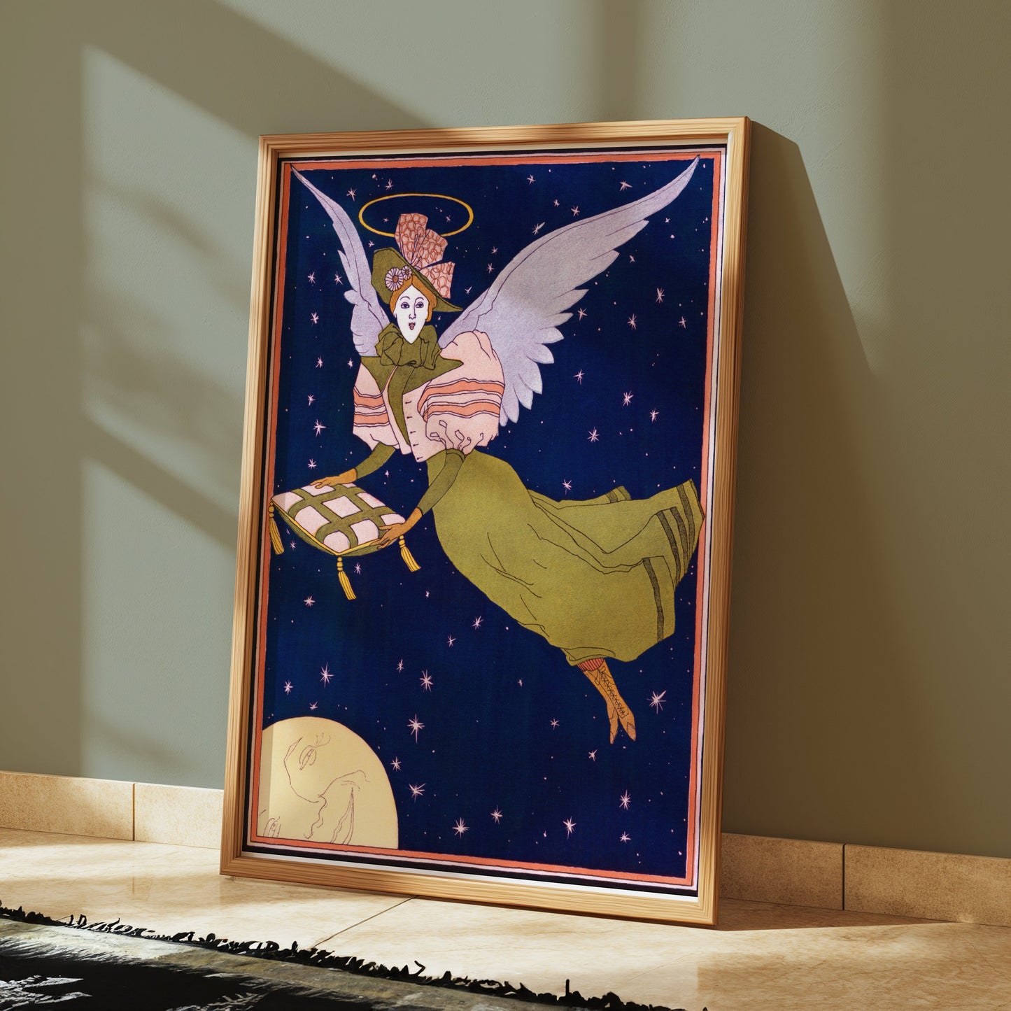 Premium Poster of Whimsical Angel with Pillow Flying Under Night Sky Posters