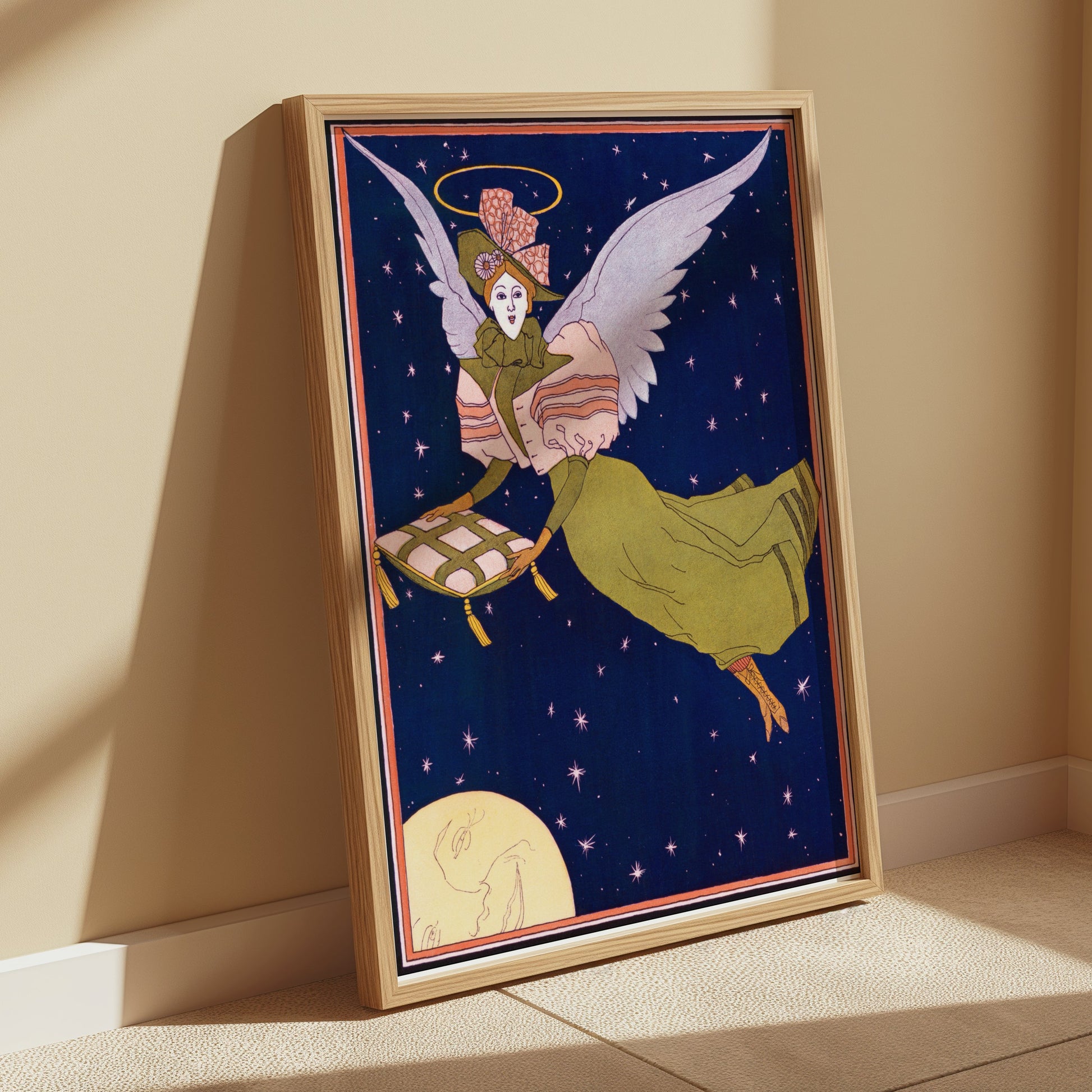Premium Poster of Whimsical Angel with Pillow Flying Under Night Sky Posters