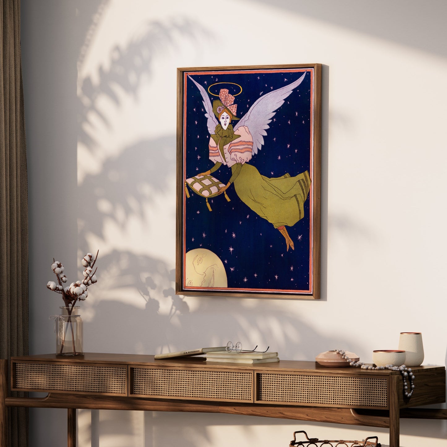 Premium Poster of Whimsical Angel with Pillow Flying Under Night Sky Posters