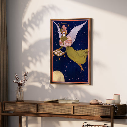Premium Poster of Whimsical Angel with Pillow Flying Under Night Sky Posters