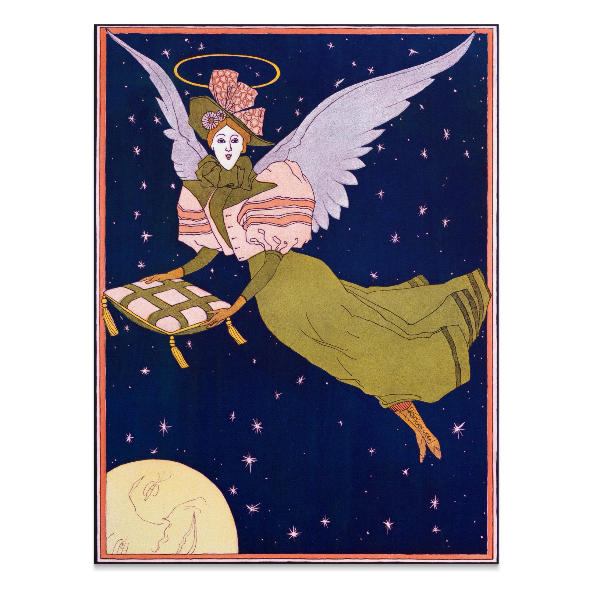 Premium Poster of Whimsical Angel with Pillow Flying Under Night Sky Posters