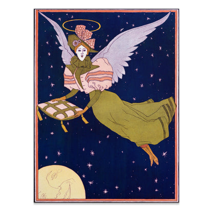 Premium Poster of Whimsical Angel with Pillow Flying Under Night Sky Posters