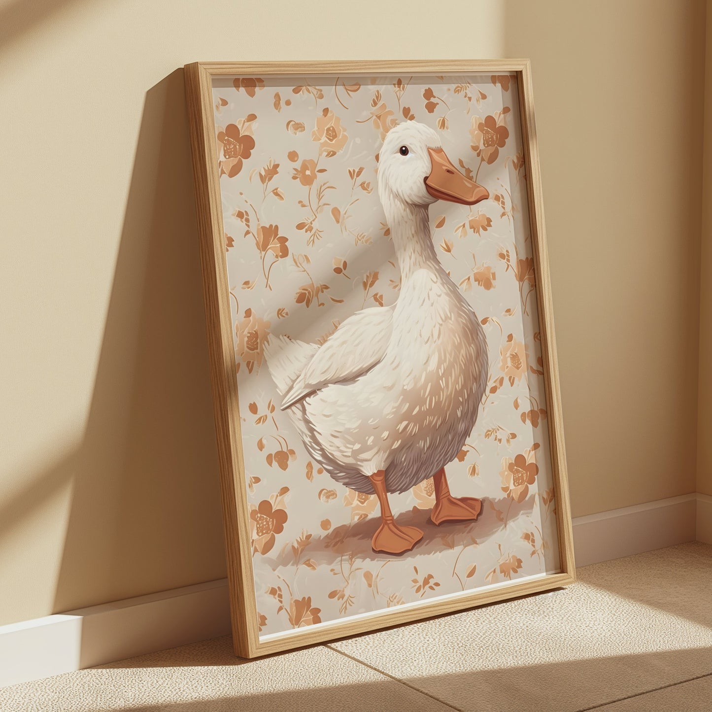 Premium Poster of Whimsical Duck Illustration with Floral Background Posters