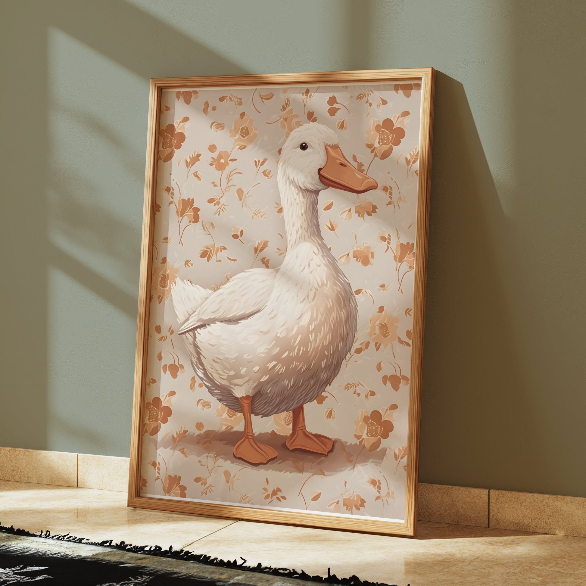 Premium Poster of Whimsical Duck Illustration with Floral Background Posters