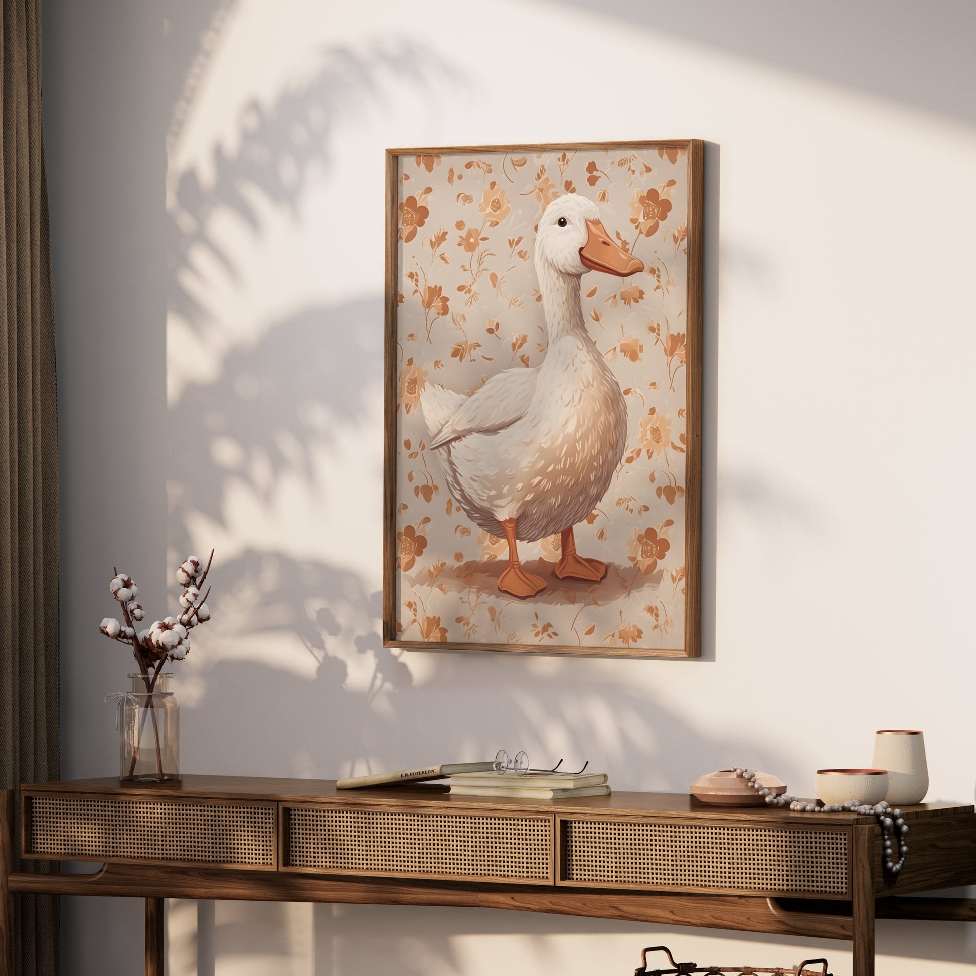 Premium Poster of Whimsical Duck Illustration with Floral Background Posters