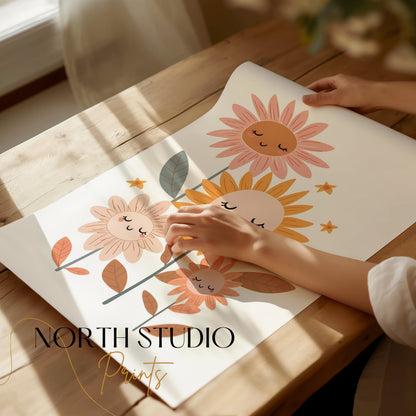 Premium Poster of Whimsical Floral Faces Cute Sunflowers Wall Art Posters