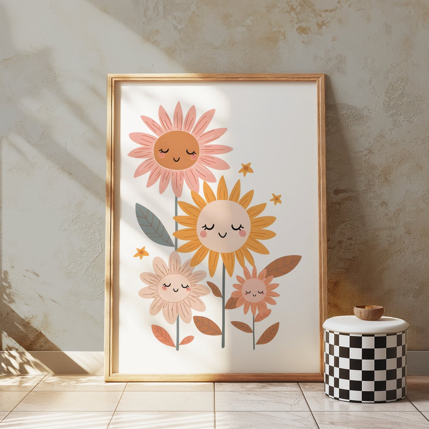 Premium Poster of Whimsical Floral Faces Cute Sunflowers Wall Art Posters
