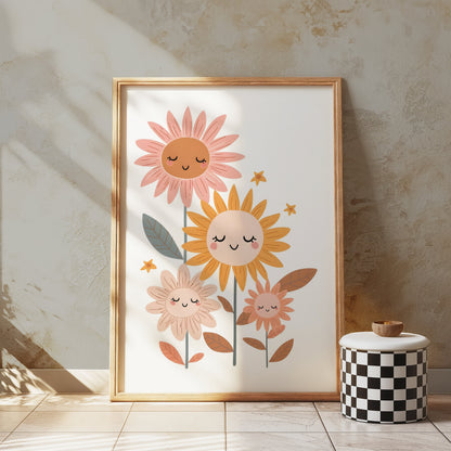 Premium Poster of Whimsical Floral Faces Cute Sunflowers Wall Art Posters