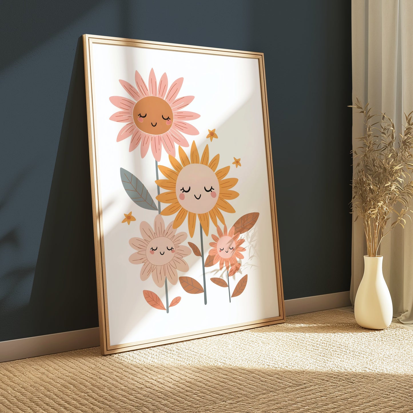 Premium Poster of Whimsical Floral Faces Cute Sunflowers Wall Art Posters