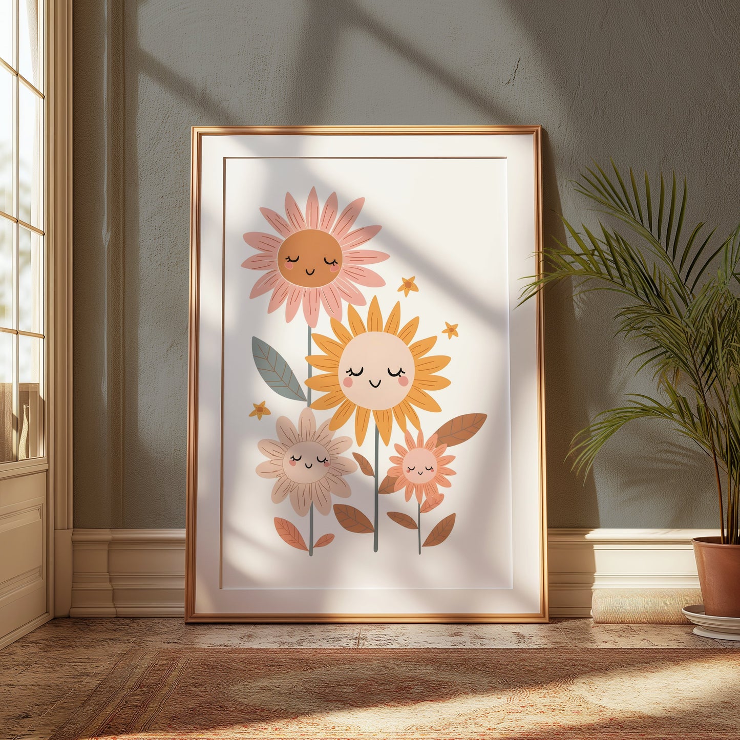 Premium Poster of Whimsical Floral Faces Cute Sunflowers Wall Art Posters