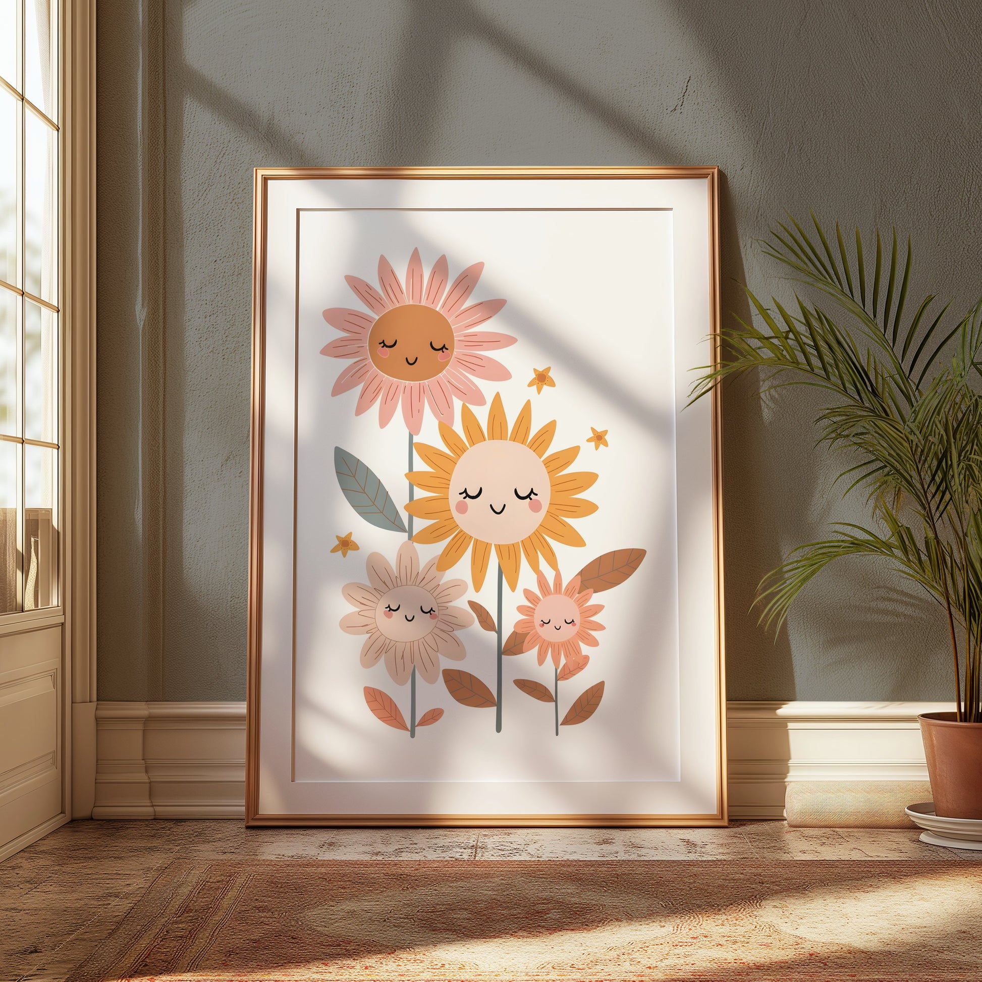 Premium Poster of Whimsical Floral Faces Cute Sunflowers Wall Art Posters