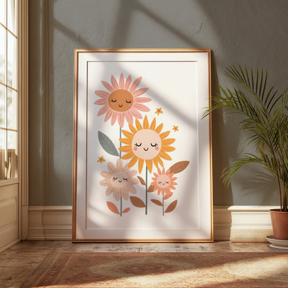 Premium Poster of Whimsical Floral Faces Cute Sunflowers Wall Art Posters