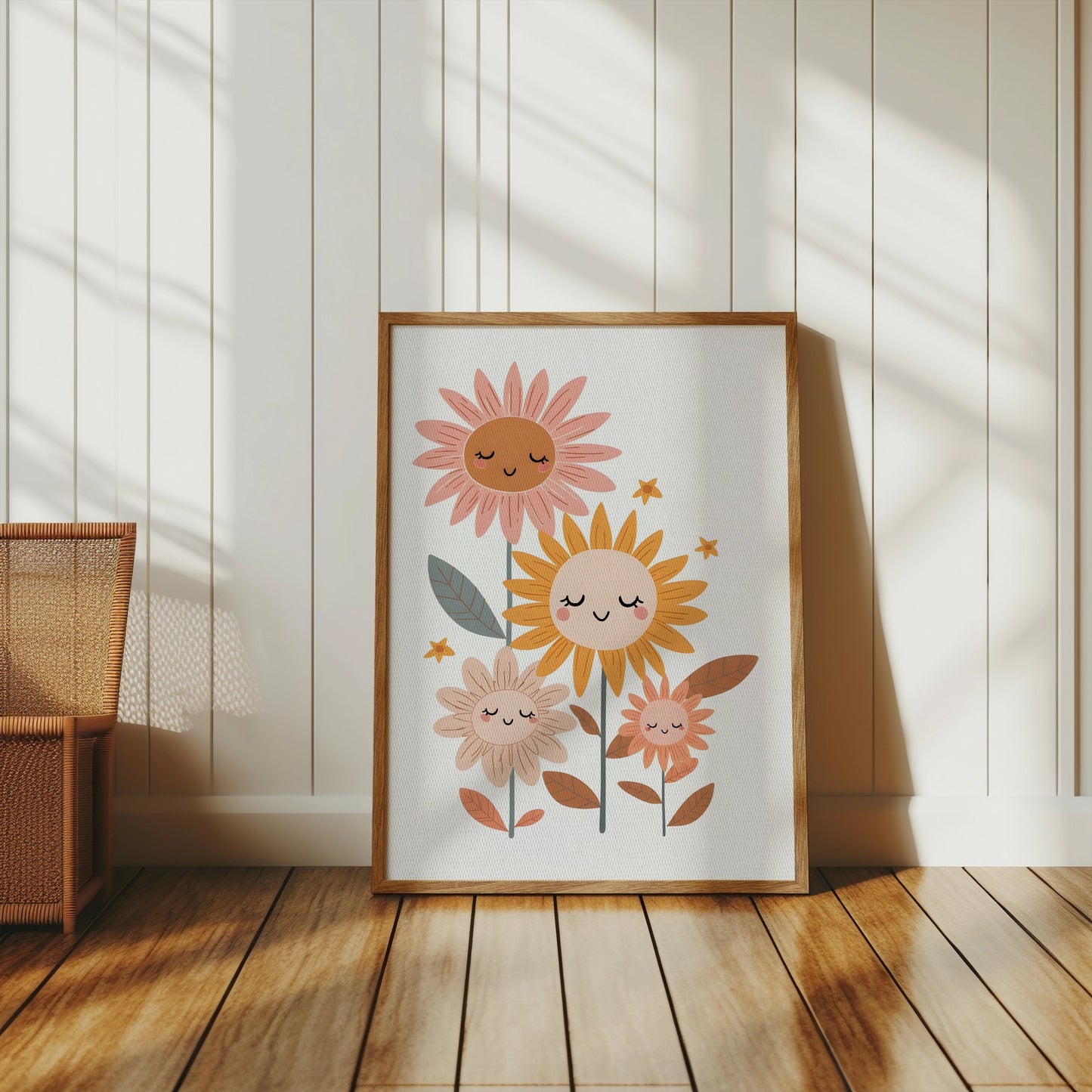 Premium Poster of Whimsical Floral Faces Cute Sunflowers Wall Art Posters
