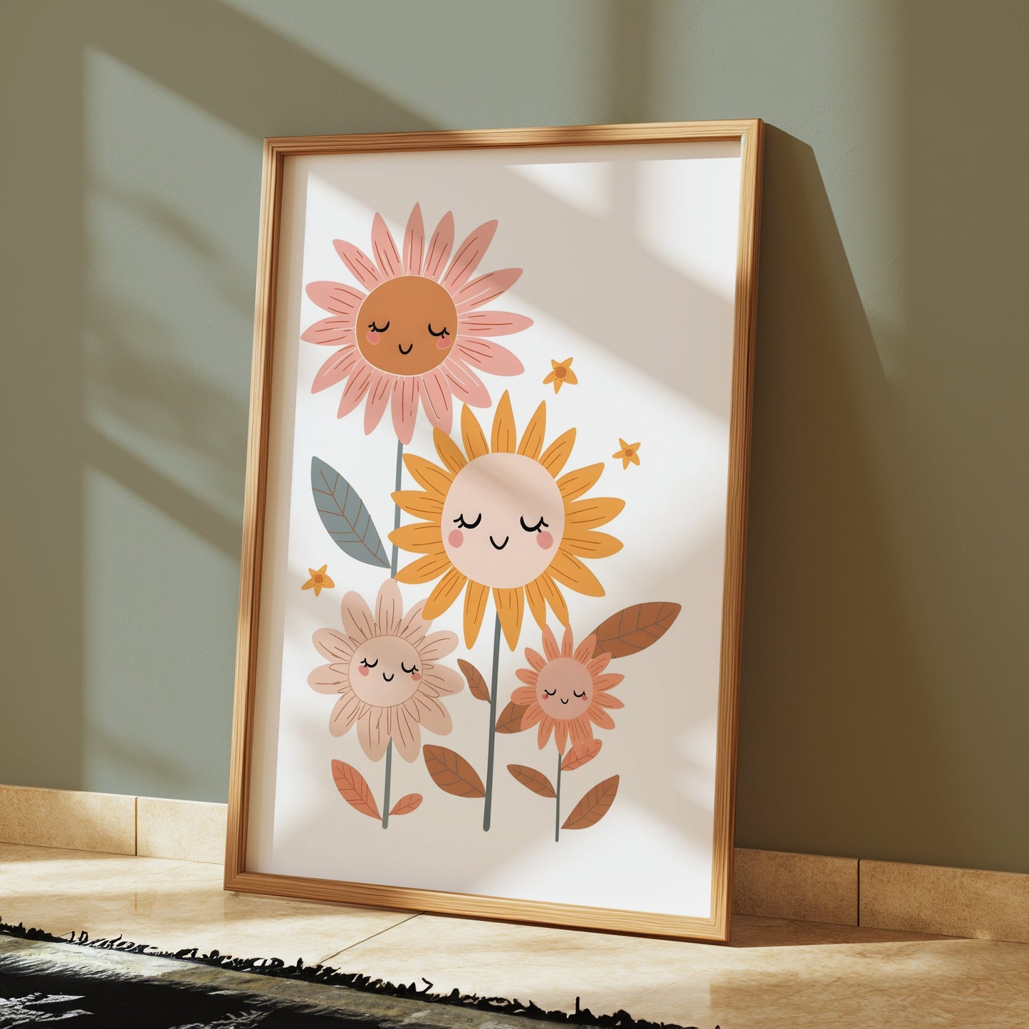 Premium Poster of Whimsical Floral Faces Cute Sunflowers Wall Art Posters