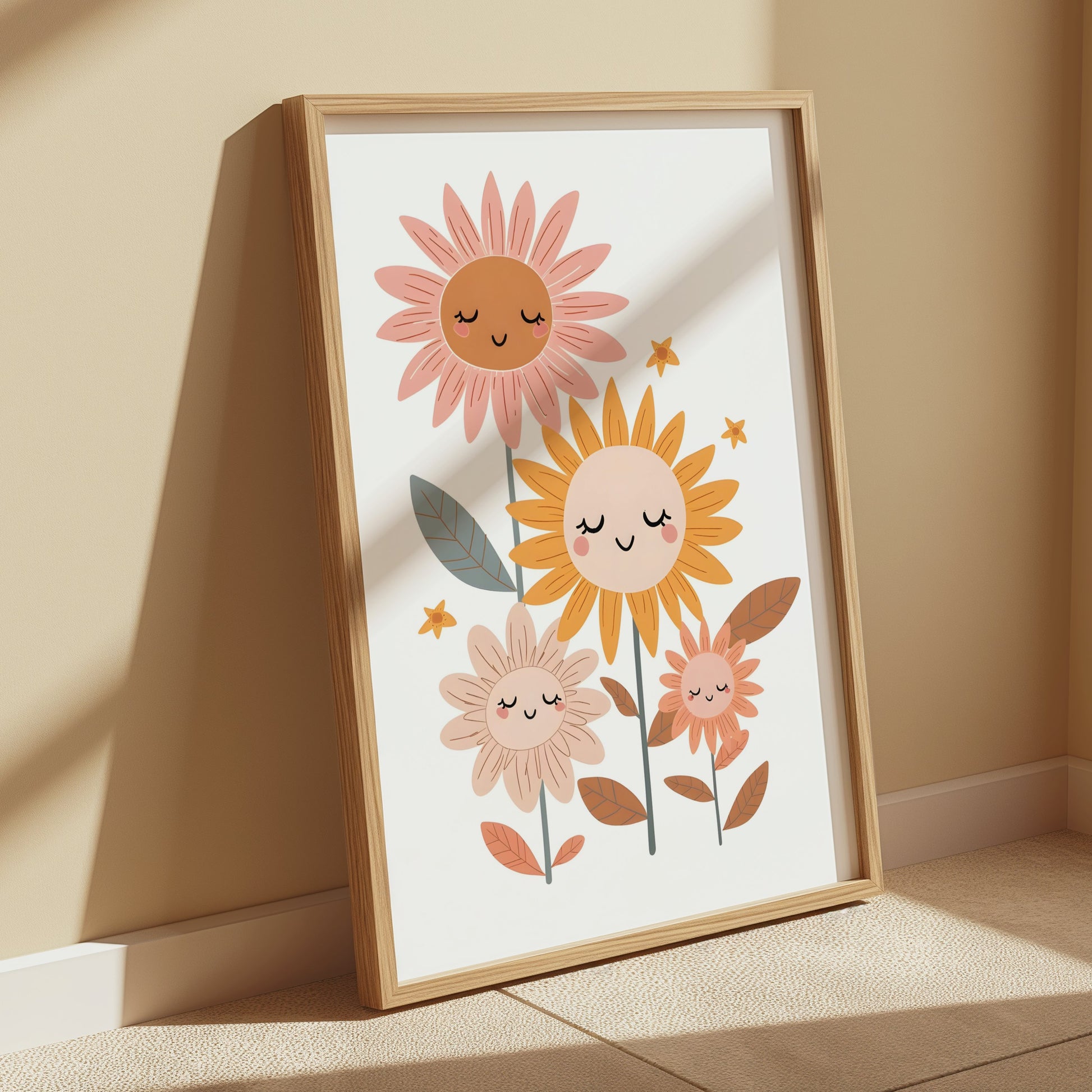 Premium Poster of Whimsical Floral Faces Cute Sunflowers Wall Art Posters