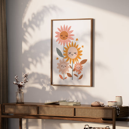Premium Poster of Whimsical Floral Faces Cute Sunflowers Wall Art Posters