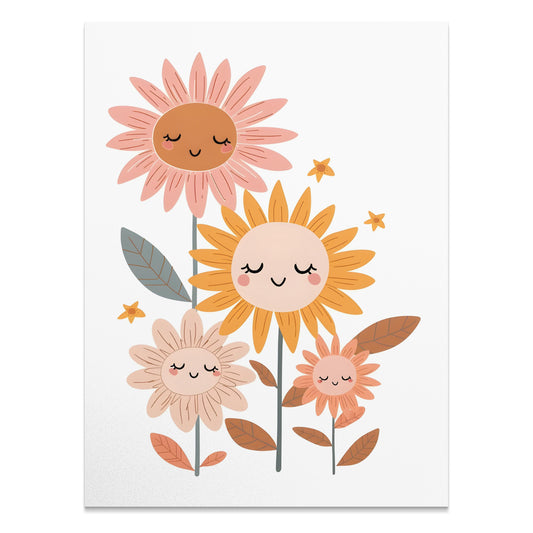 Premium Poster of Whimsical Floral Faces Cute Sunflowers Wall Art Posters