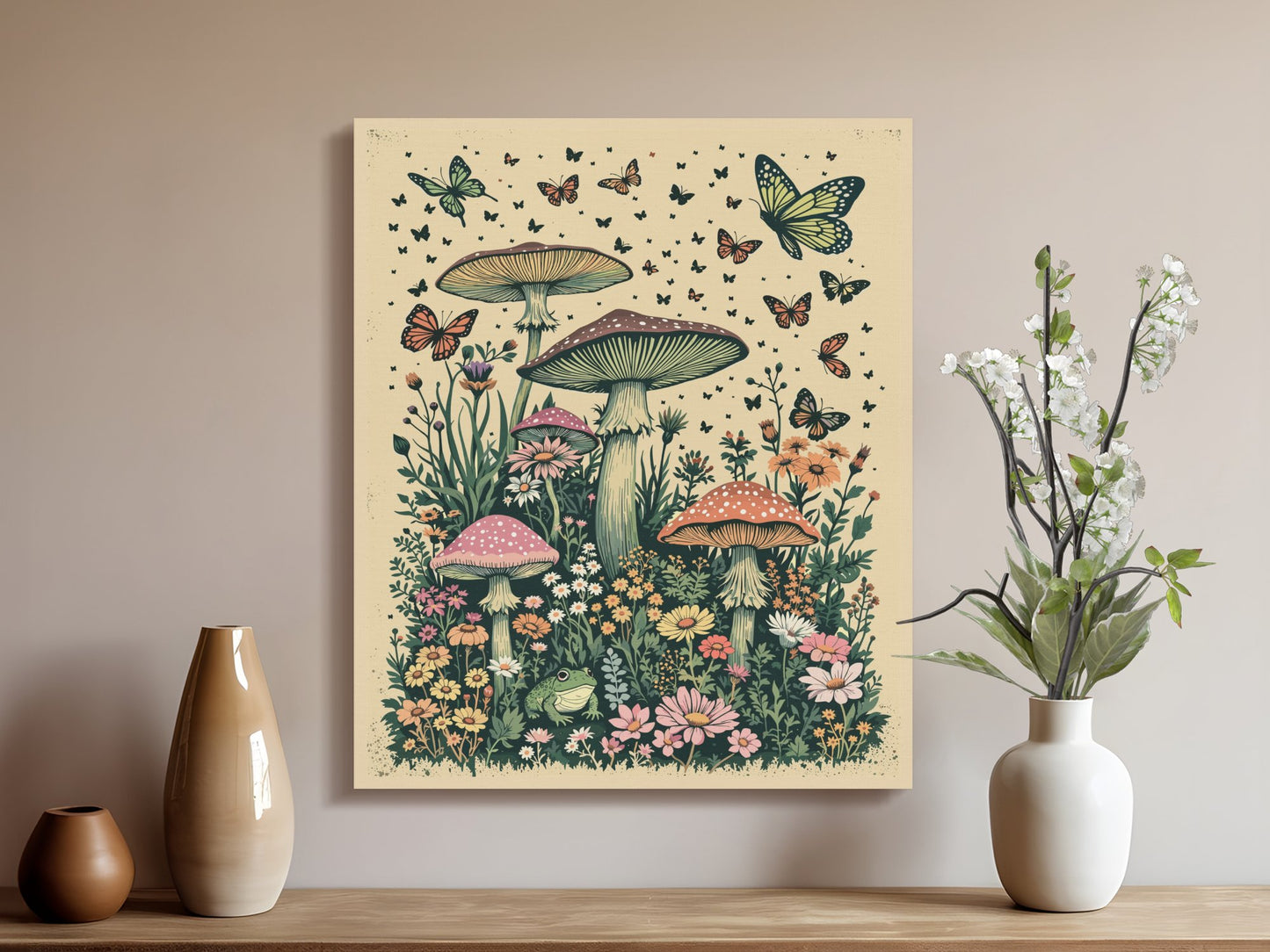 Premium Poster of Whimsical Forest Scene with Mushrooms and Butterflies Canvas Wraps
