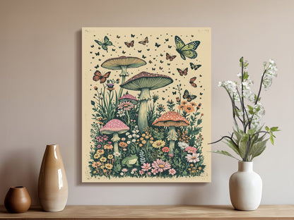 Premium Poster of Whimsical Forest Scene with Mushrooms and Butterflies Canvas Wraps