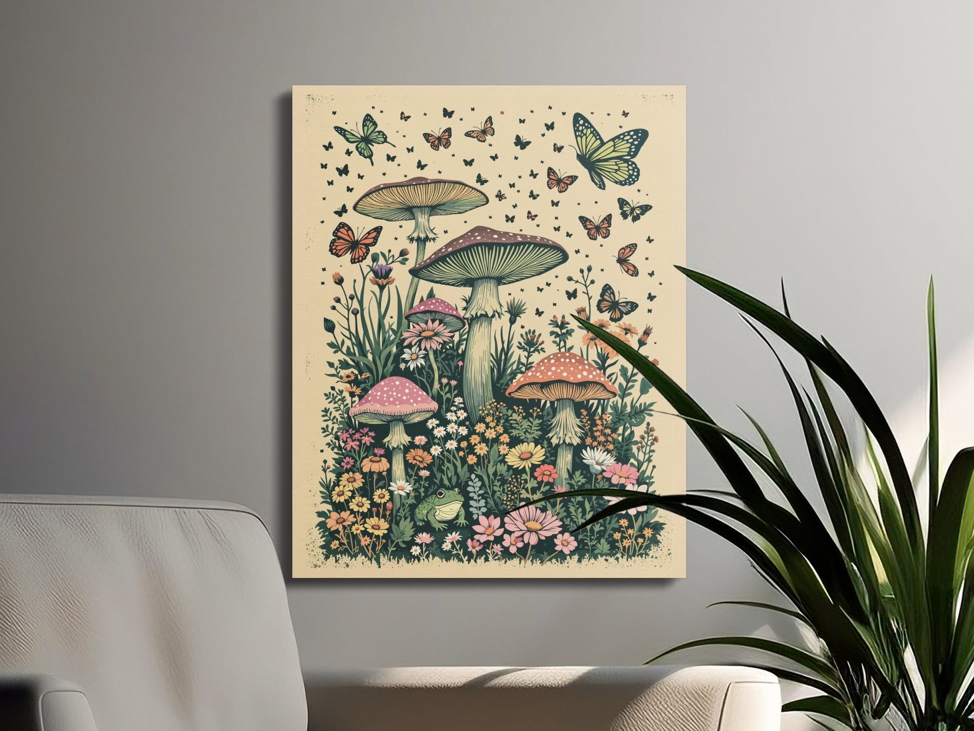 Premium Poster of Whimsical Forest Scene with Mushrooms and Butterflies Canvas Wraps