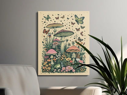Premium Poster of Whimsical Forest Scene with Mushrooms and Butterflies Canvas Wraps
