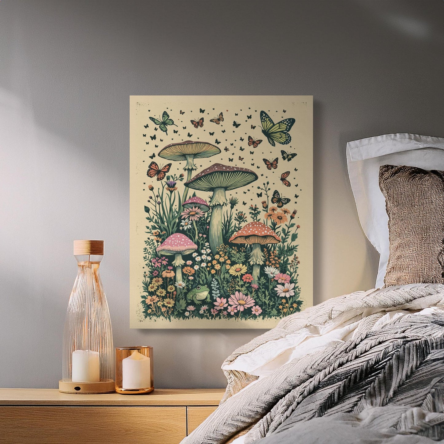 Premium Poster of Whimsical Forest Scene with Mushrooms and Butterflies Canvas Wraps