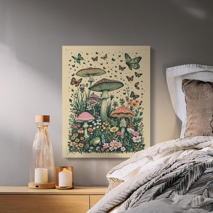 Premium Poster of Whimsical Forest Scene with Mushrooms and Butterflies Canvas Wraps
