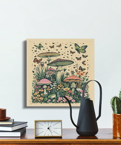 Premium Poster of Whimsical Forest Scene with Mushrooms and Butterflies Canvas Wraps