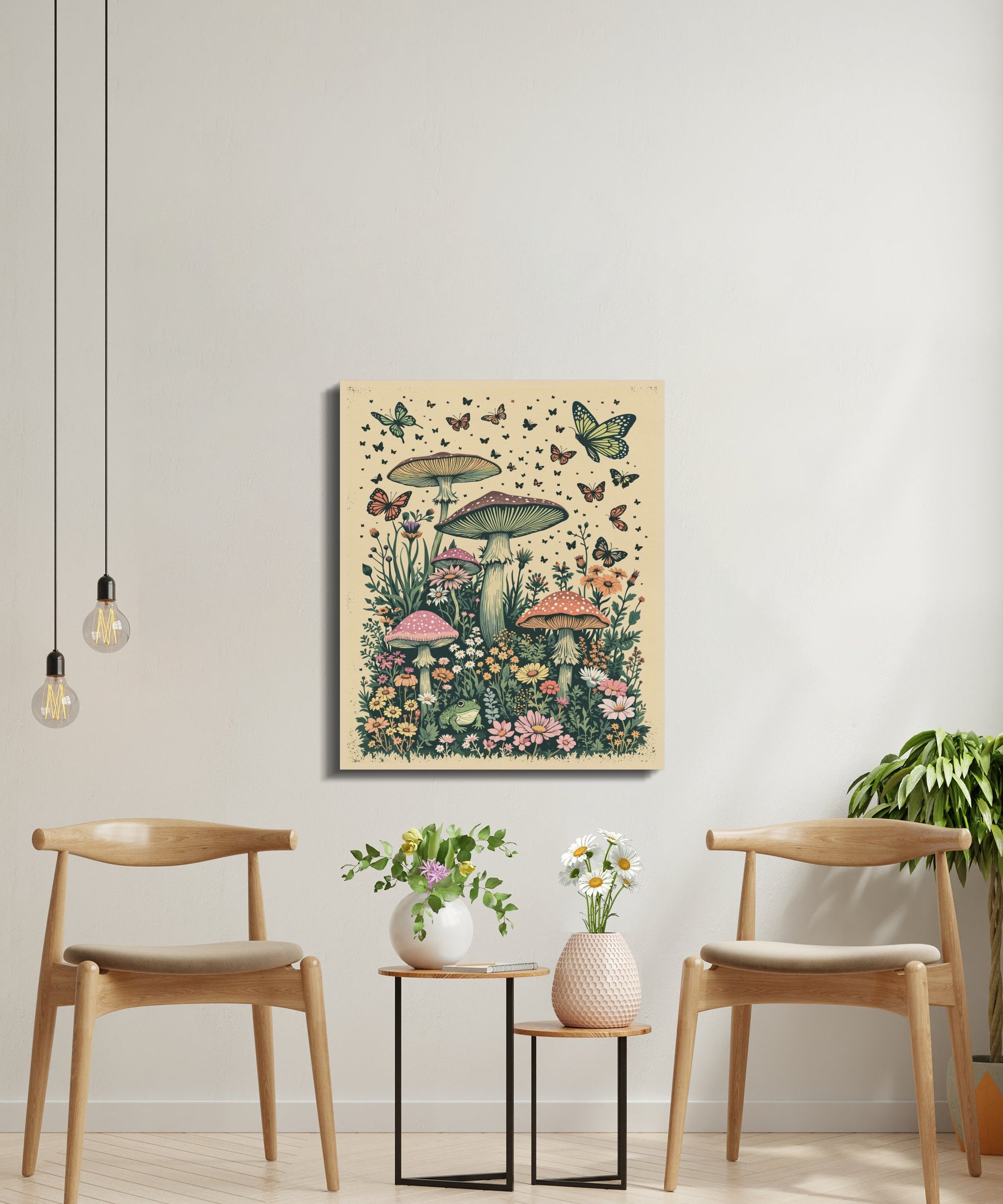 Premium Poster of Whimsical Forest Scene with Mushrooms and Butterflies Canvas Wraps