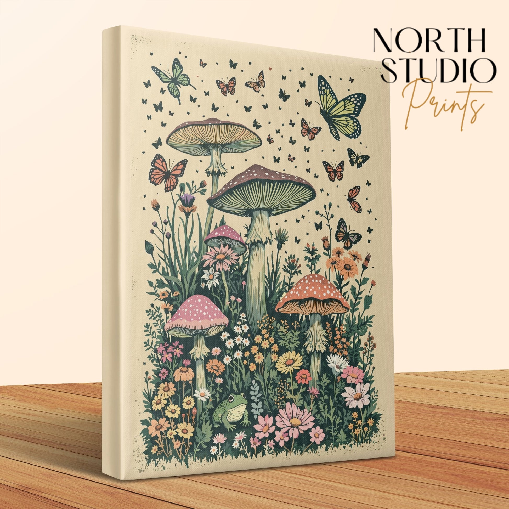 Premium Poster of Whimsical Forest Scene with Mushrooms and Butterflies Canvas Wraps
