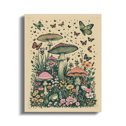 Premium Poster of Whimsical Forest Scene with Mushrooms and Butterflies Canvas Wraps