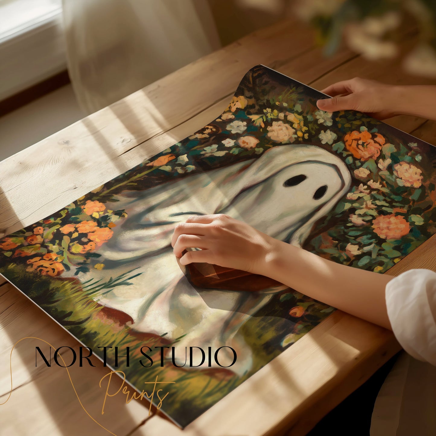 Premium Poster of Whimsical Ghost Reading Amidst Vibrant Garden Posters