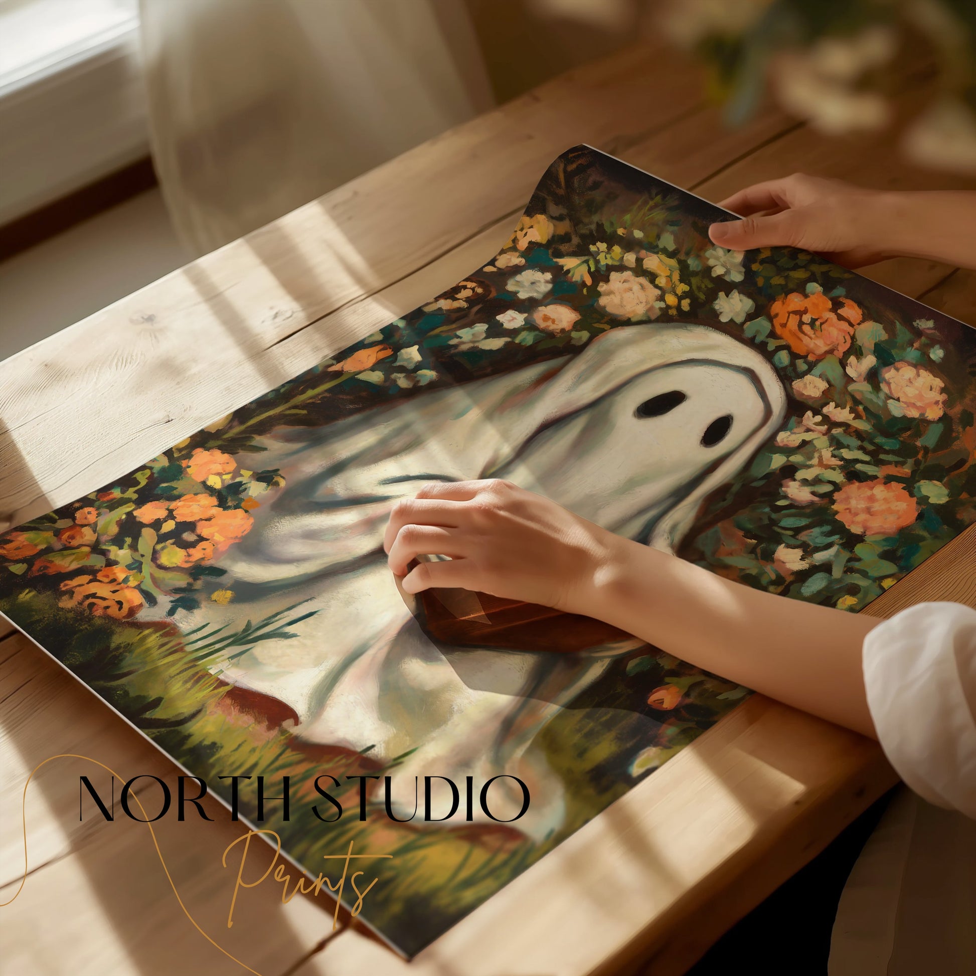 Premium Poster of Whimsical Ghost Reading Amidst Vibrant Garden Posters