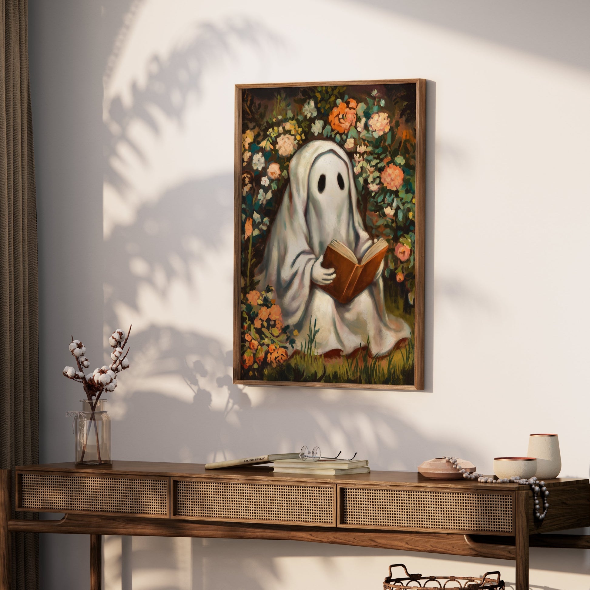 Premium Poster of Whimsical Ghost Reading Amidst Vibrant Garden Posters