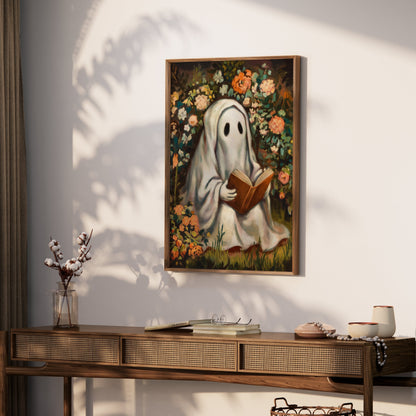 Premium Poster of Whimsical Ghost Reading Amidst Vibrant Garden Posters