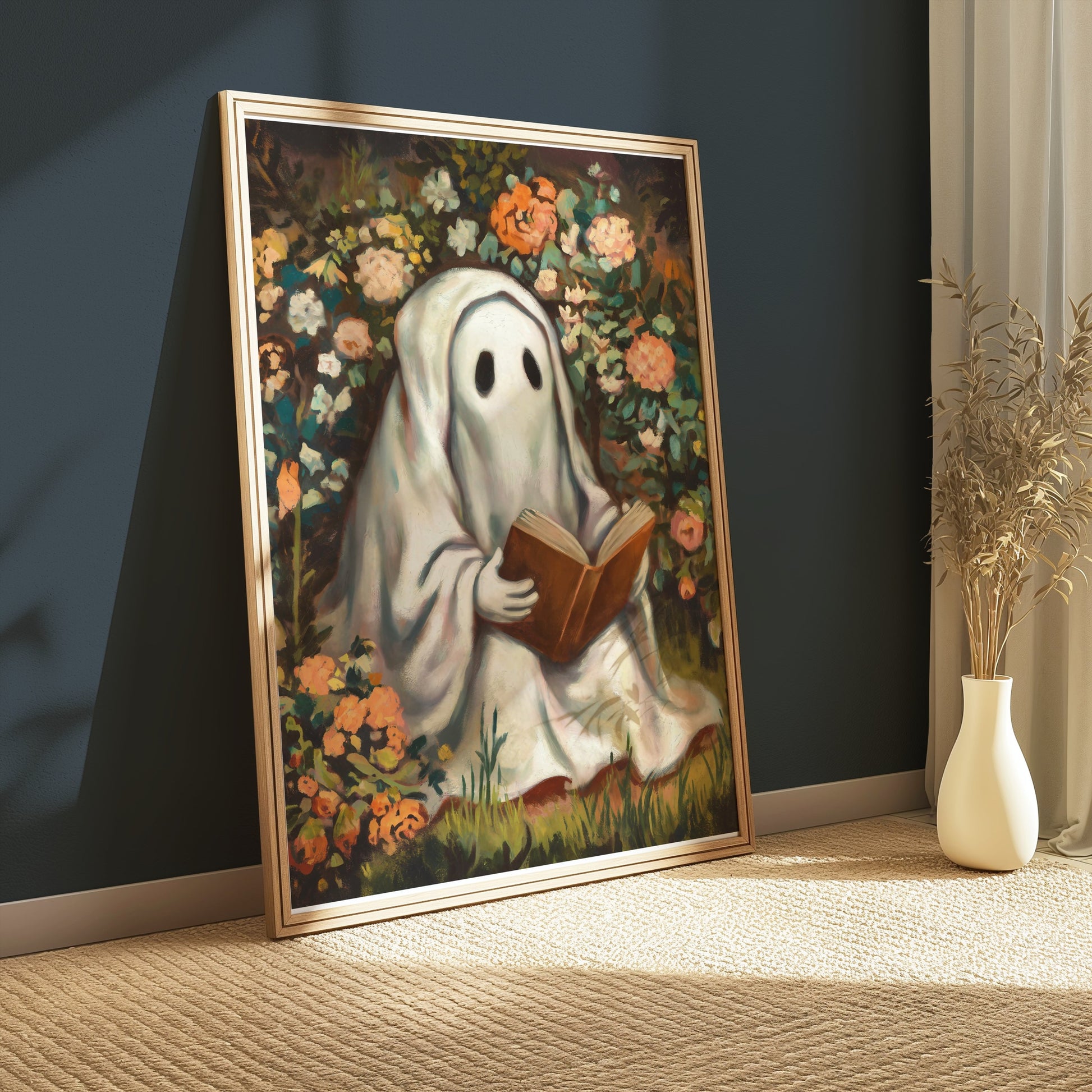 Premium Poster of Whimsical Ghost Reading Amidst Vibrant Garden Posters